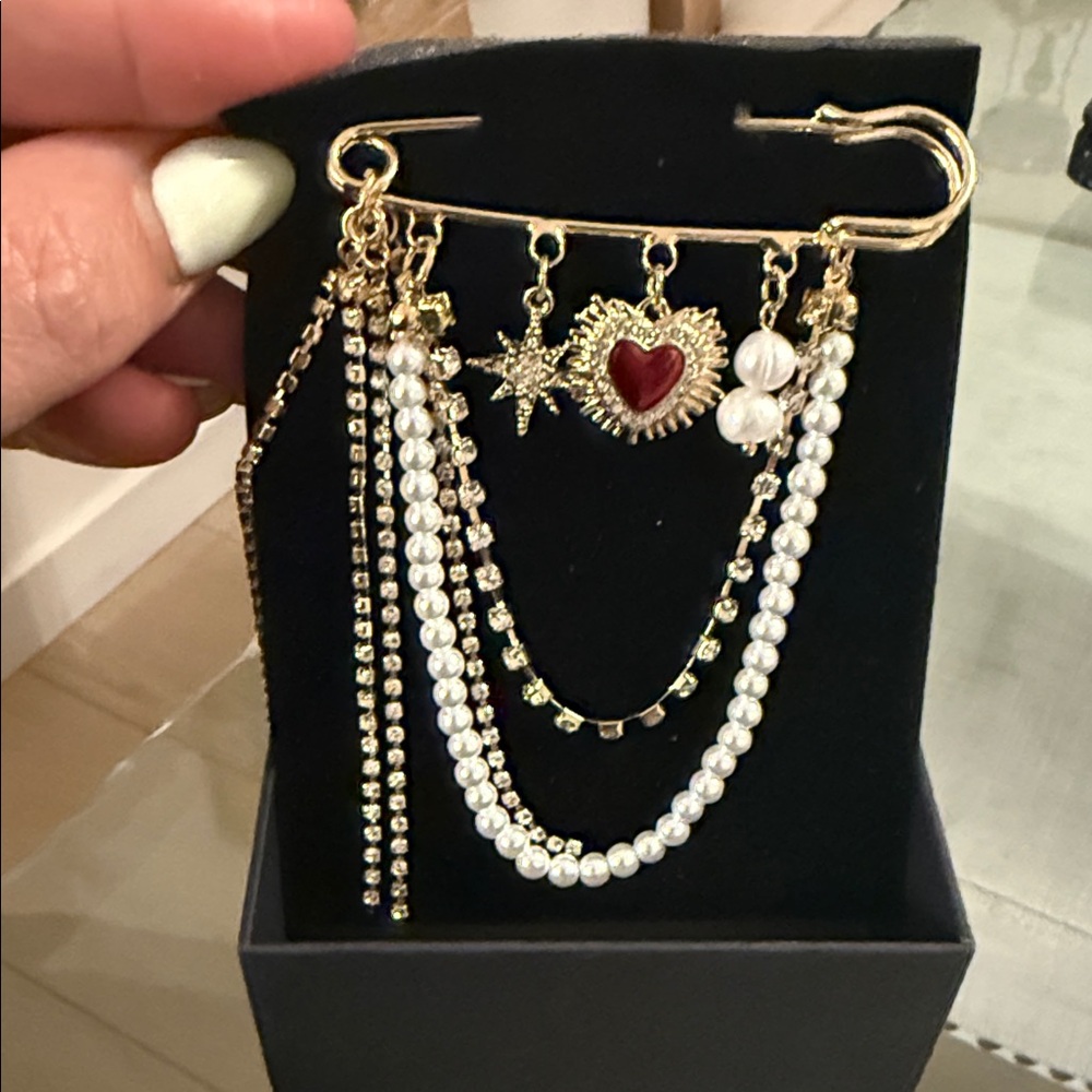 Gold and Pearl Brooch with Heart and Star Charms